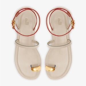 Larroude Biarritz Flat Sandal Size 11 Ivory Leather Gold Accent Ankle Wrap Strap